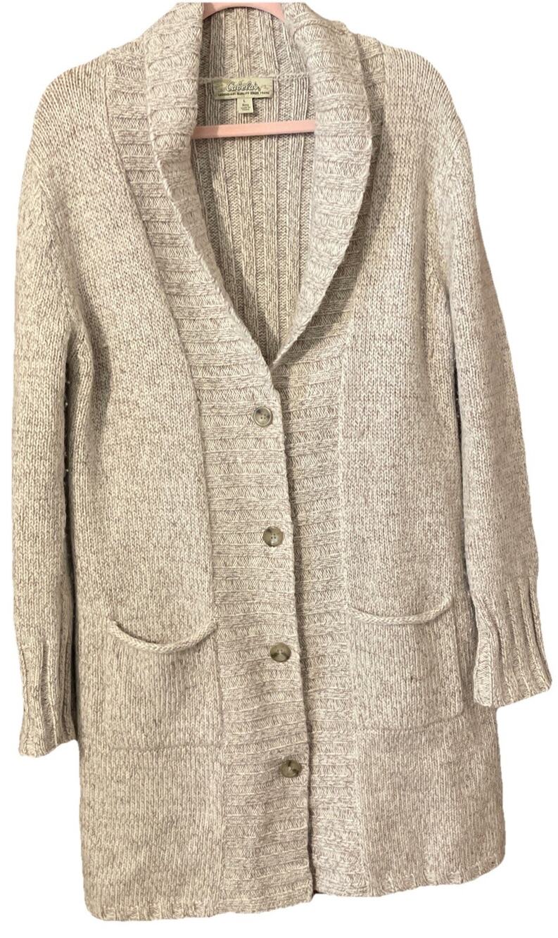 Cabelas Sweater Large Beige Wool Blend Long Knit Heavy Thick Cardigan Button